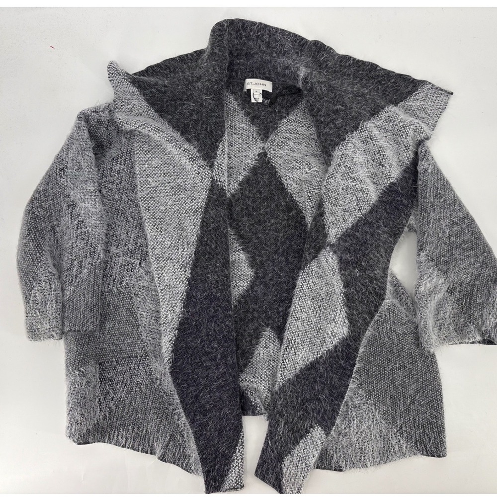 St. John Grey Argyle Wool Blend Eyelash Knit waterfall Cardigan Sweater XL